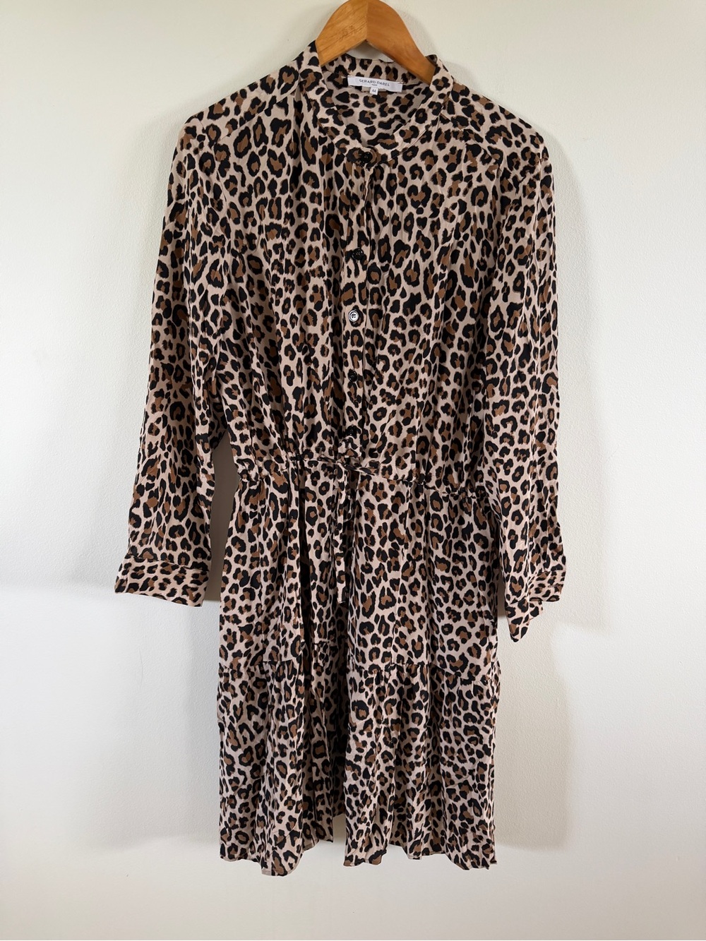 Gerard Darel Leopard Print Long Sleeve Tie-Waist Dress - Beige & Black large